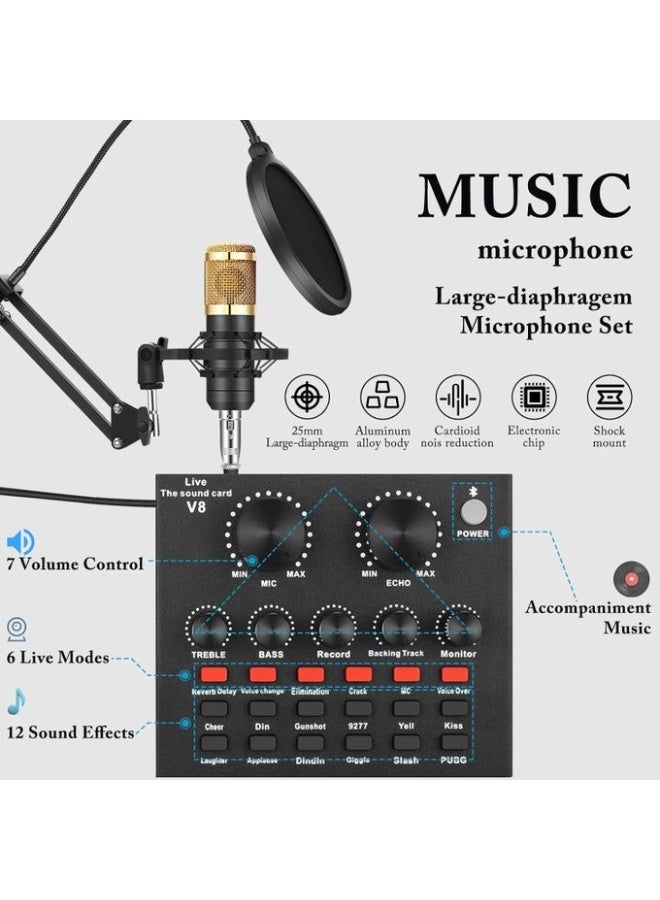 Professional Condenser Microphone Kit with V8 Sound Card This image shows a complete professional audio recording setup designed for podcasting, streaming, or studio recording. The main components include:  1. Condenser Microphone (BM800 style) A gold-and-black condenser microphone, known for its high sensitivity and clear sound capture, ideal for vocals and voiceovers.  2. Adjustable Microphone Arm Stand A metal suspension boom arm that allows flexible positioning of the microphone for comfort and optimal sound capture.  3. Pop Filter and Foam Windscreen A circular pop filter and a foam windscreen to reduce plosive sounds and wind noise, improving audio clarity.  4. Shock Mount A suspension shock mount to hold the microphone and reduce vibrations or handling noise.  5. V8 Live Sound Card An external audio interface with multiple knobs and buttons for adjusting mic volume, echo, and adding sound effects during live streaming or recording.  6. Cables and Mounting Accessories Includes US - Image 3